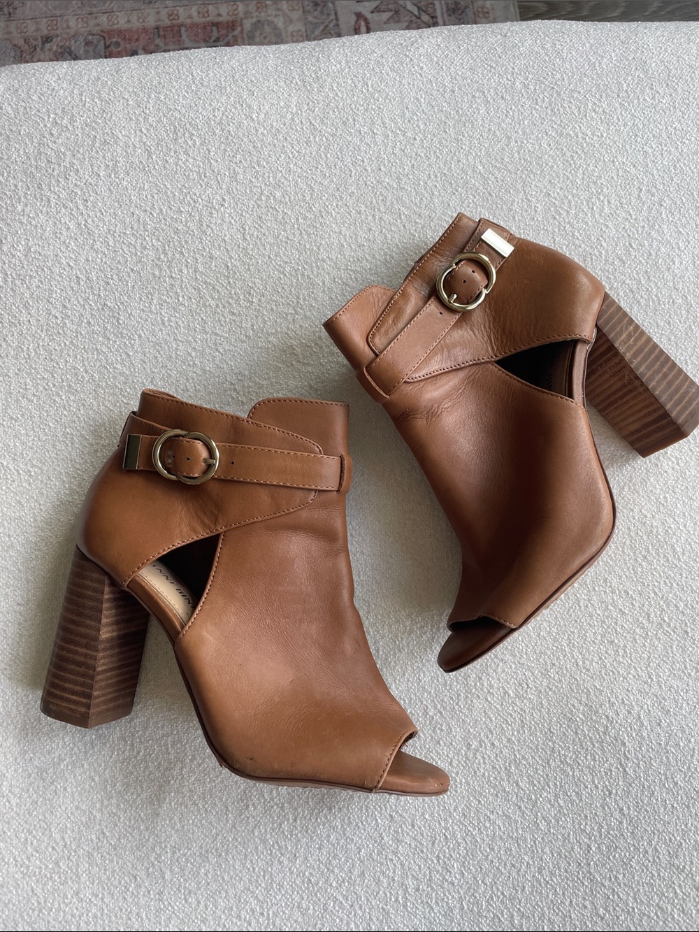 Gianni Bini Cognac Brown Open-Toe Block Heel Ankle Boots with Buckle
